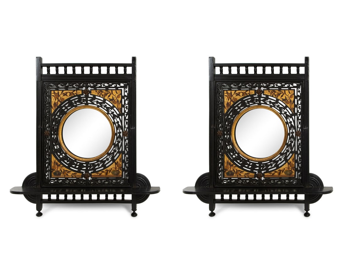 A Pair of Victorian Aesthetic Movement Ebonized, Painted and Parcel Gilt Mirrored Wall Brackets (1 of 11)