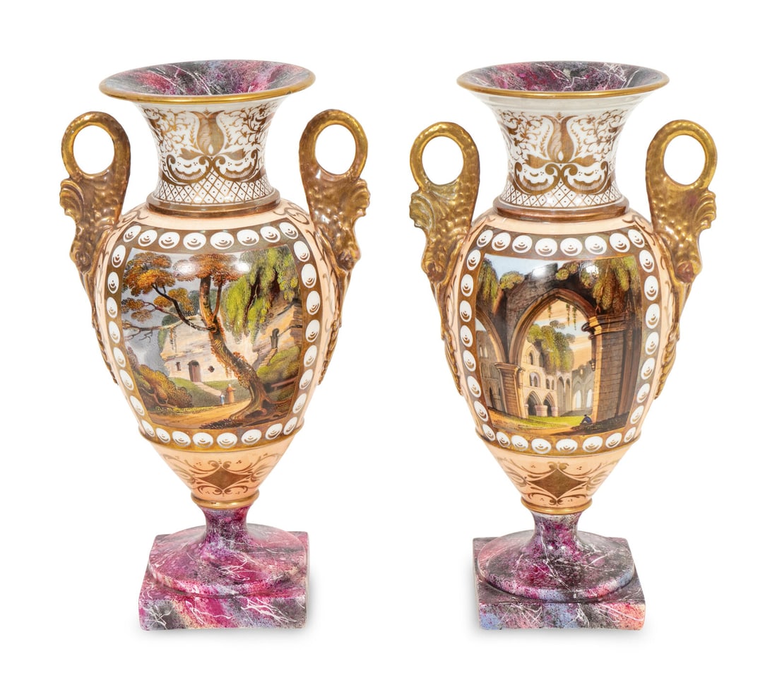 A Pair of Paris Porcelain Topographical Vases: A Pair of Paris Porcelain Topographical Vases 19th Century Height 9 inches. Property from the Collection of William L. Bernhard and Catherine Cahill, Southampton, New York Note: The first sequence of