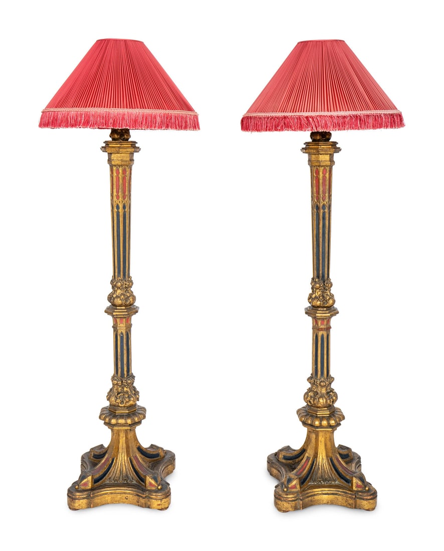 A Pair of Large Gothic Style Giltwood and Polychrome-Painted Floor Lamps (1 of 13)