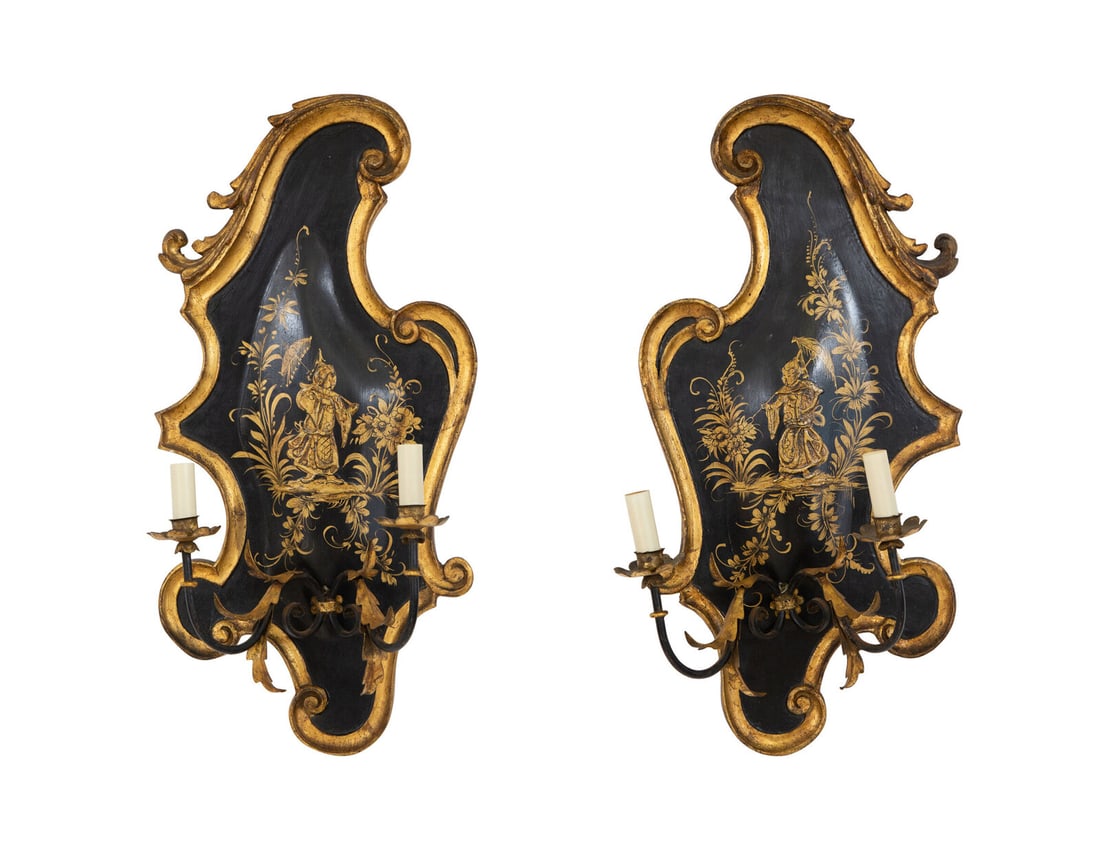 A Pair of English Japanned, Patinated and Gilt Metal Wall Sconces (1 of 12)