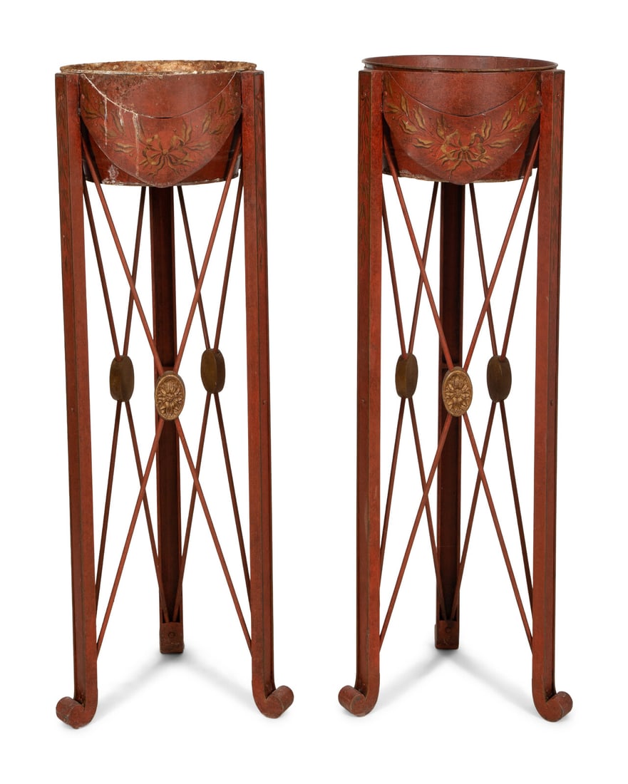 A Pair of Red and Gold Tole Peinte Jardiniere Stands (1 of 11)