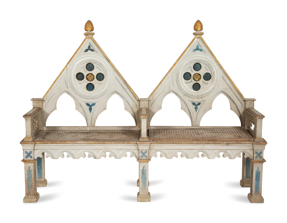 A Neo-Gothic Trompe l'oeil Painted and Parcel Gilt Hall Bench (1 of 12)
