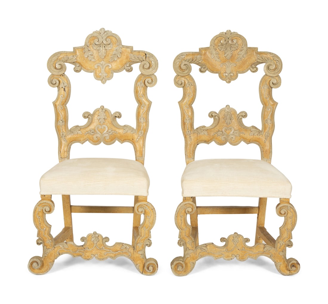 A Set of Six Continental Carved and Cream and Yellow-Painted Dining Chairs (1 of 4)
