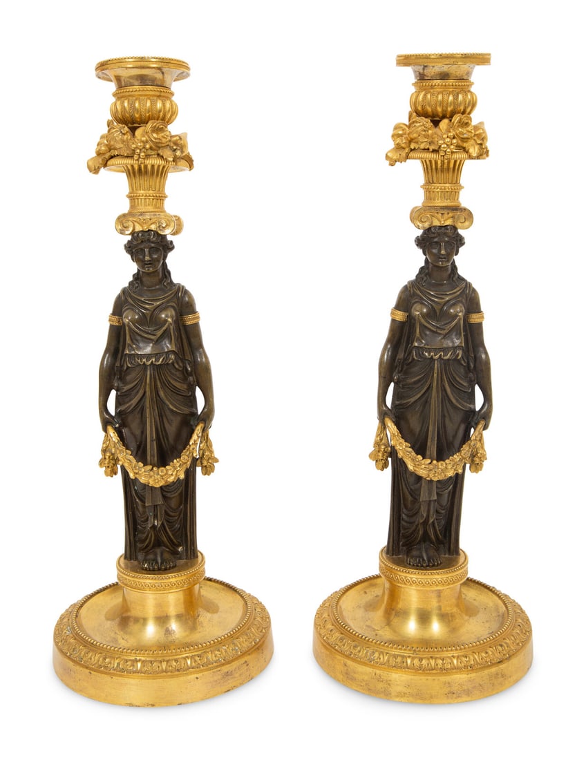 A Pair of French Gilt and Patinated Bronze Figural Candlesticks (1 of 4)