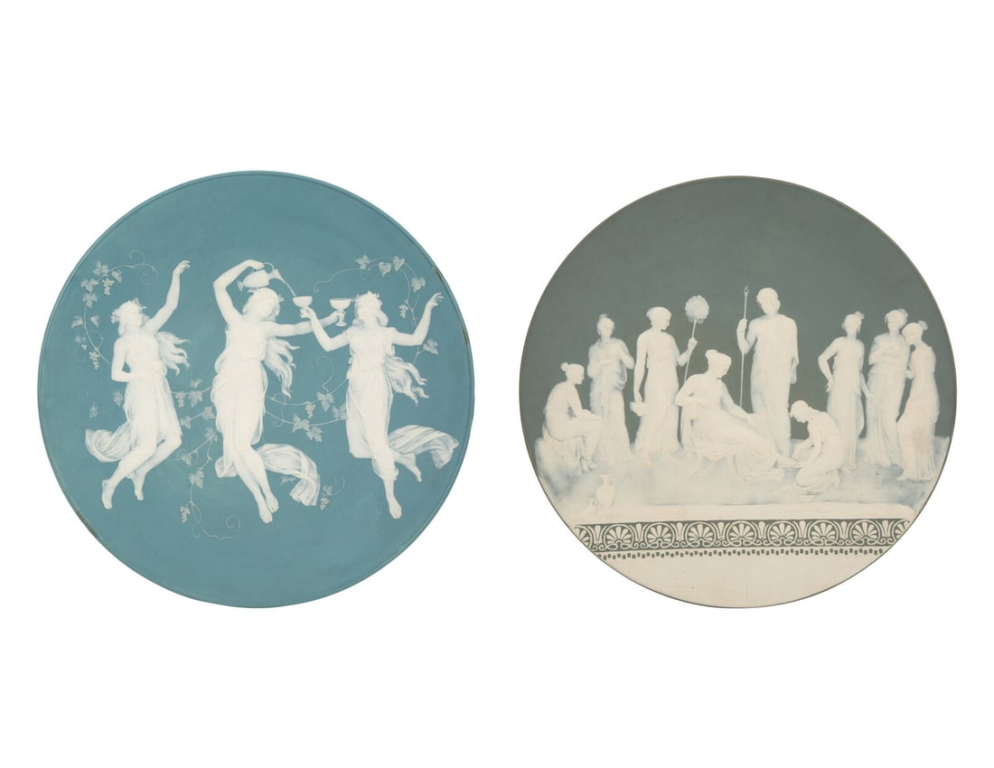 Two Mettlach Phanolith Chargers: Two Mettlach Phanolith Chargers 19th Century after Johann Baptist Stahl depicting a Neoclassical court scene, the other with three Bacchantes. Diameter 20 3/4 inches. Property from the Estate of Norma