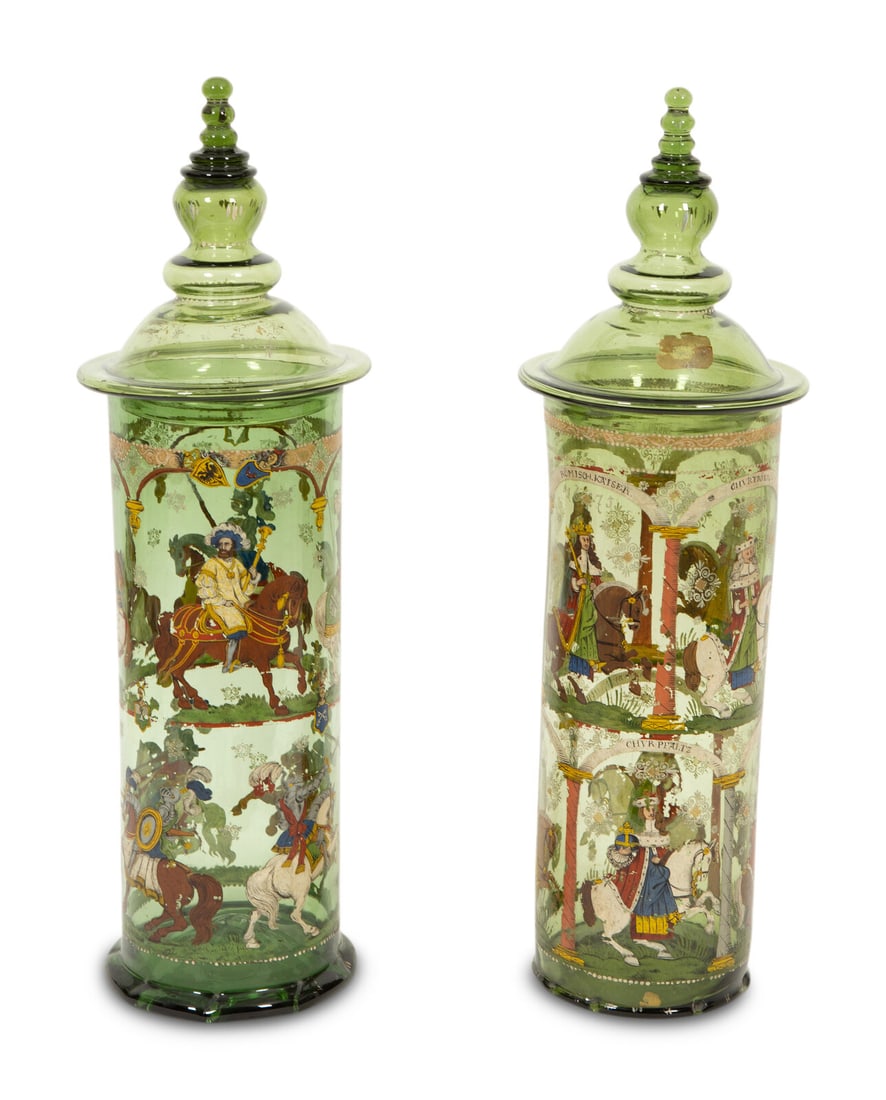 A Near Pair of Bohemian/German Enameled Green Glass Vases and Covers, Humpen (1 of 6)