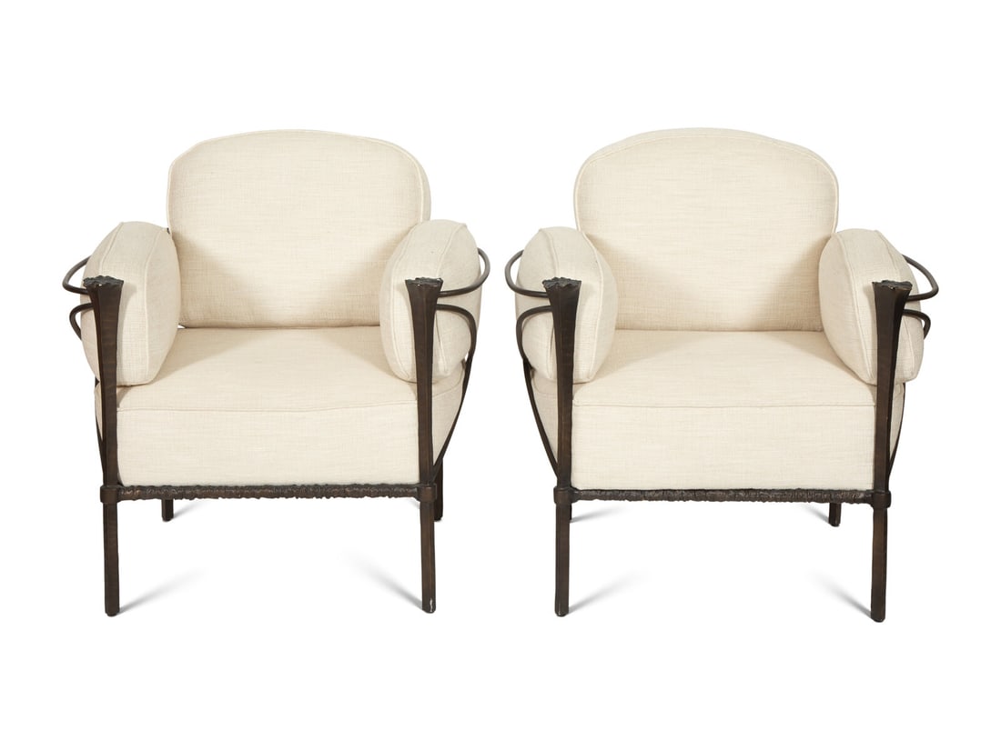 A Suite of Michael Taylor Arcadia Patinated Aluminum Outdoor Furniture: A Suite of Michael Taylor Arcadia Patinated Aluminum Outdoor Furniture Michael Taylor Designs, Inc.,Late 20th Century Comprising four armchairs with four loose cushions and two drinks tables. Chairs,