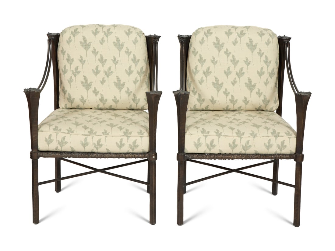 A Suite of Michael Taylor Arcadia Patinated Aluminum Outdoor Dining Furniture: A Suite of Michael Taylor Arcadia Patinated Aluminum Outdoor Dining Furniture 20th Century comprising: four armchairs and two side chairs, height 34 x width 23 x depth 26 inches., A glass and cast iro