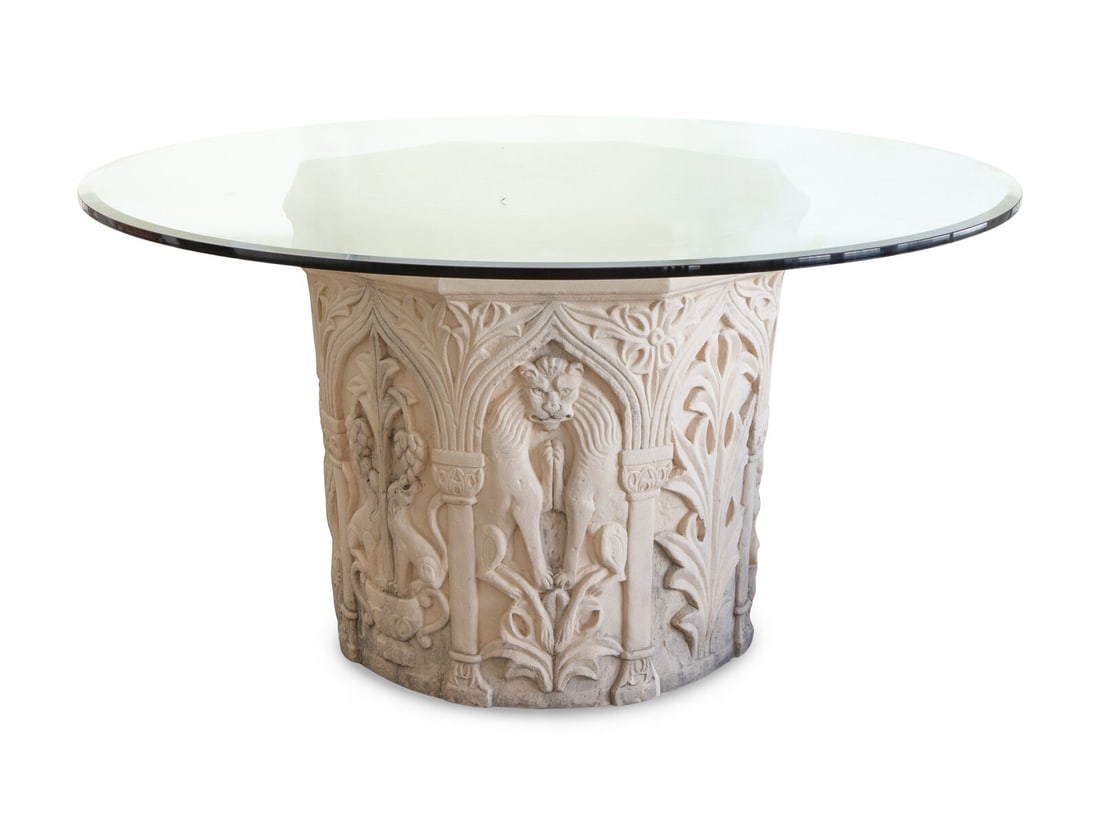 A Carved Stone Pedestal Center Table with Glass Top (1 of 1)