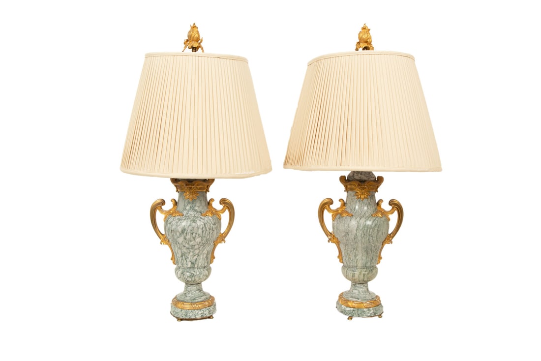 A Pair of Louis XV Style Gilt Bronze Mounted Marble Urns Mounted as Lamps (1 of 1)