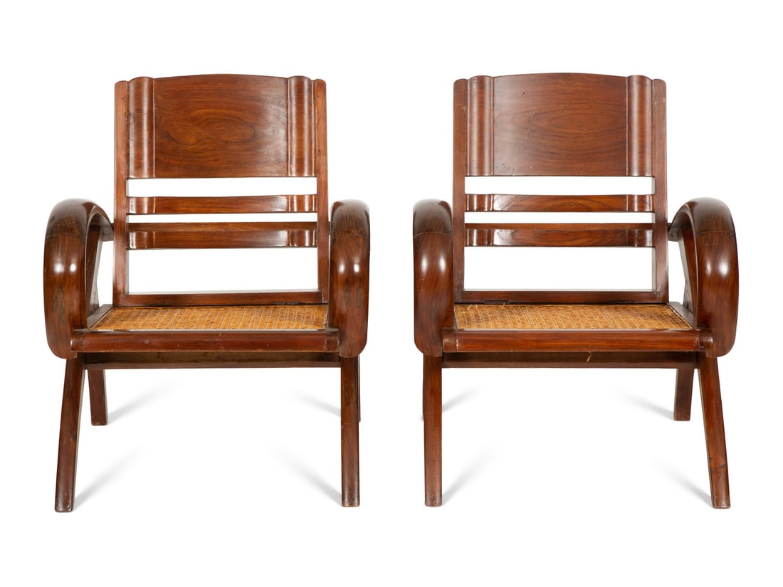 A Pair of Art Deco Walnut and Caned Folding Lounge Chairs (1 of 6)