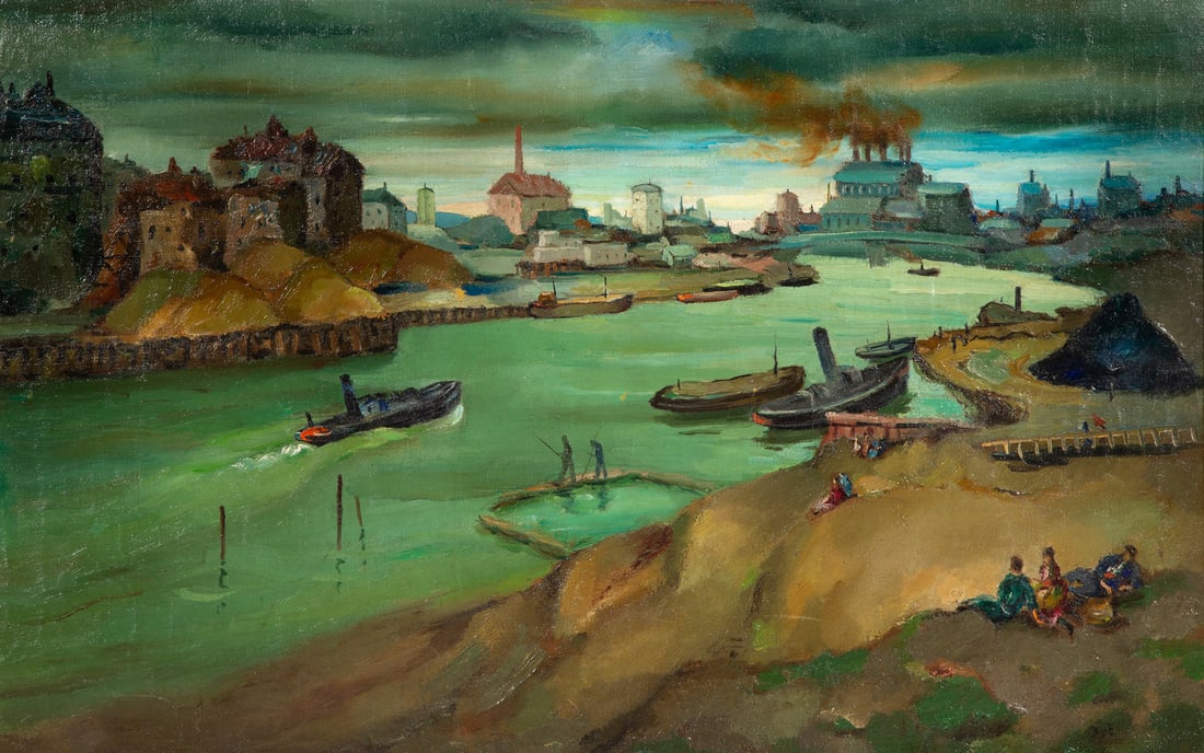 Marcel Dyf (French, 1899-1985) Bateaux, c. 1930s: Marcel Dyf (French, 1899-1985) Bateaux, c. 1930s oil on canvas signed Dyf (lower right) 25 x 39 1/4 inches. This lot is located in Palm Beach. The authenticity of this lot has kindly been confirmed b