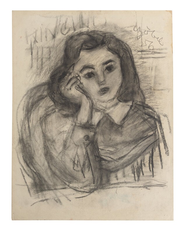 Béla Adalbert Czóbel (Hungarian, 1883-1976) Girl Leaning on Right Hand, 1956: Béla Adalbert Czóbel (Hungarian, 1883-1976) Girl Leaning on Right Hand, 1956 charcoal on paper signed Czóbel and dated (upper right) 24 1/4 x 19 inches. This lot is lo
