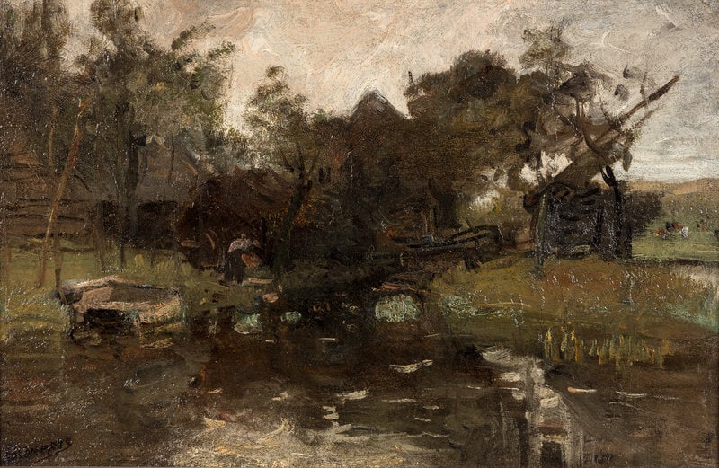 Bernardus Johannes Blommers (Dutch, 1845–1914) Holland Farm: Bernardus Johannes Blommers (Dutch, 1845–1914) Holland Farm oil on canvas signed Blommers (lower left); titled (verso) 12 x 18 1/4 inches. This lot is located in Chicago.