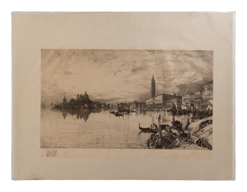 After Thomas Moran (American, 1837–1926) The Gates of Venice, 1888: After Thomas Moran (American, 1837–1926) The Gates of Venice, 1888 etching, drypoint, and roulette signed in pencil (lower right) 17 7/8 x 31 inches. This lot is located in Chicago. P