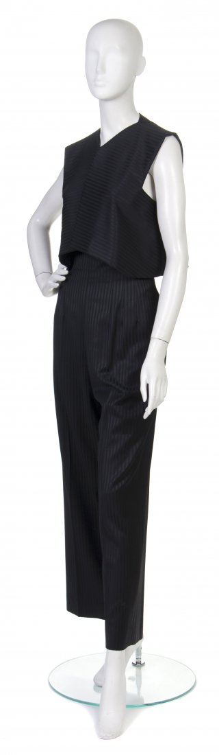 A Pauline Trigere Black Striped Pant Ensemble,: A Pauline Trigere Black Striped Pant Ensemble, with a vest and pants. Labeled: Pauline Trigere. Property from the Personal Collection of Melanie and Philippe Radley, Son and Daughter-in-law of Pauline