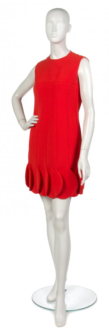 A Pierre Cardin Orange Wool Dress,: A Pierre Cardin Orange Wool Dress, 1960s, sleeveless with petalled hem. Labeled: Pierre Cardin Paris New York. Property from a Private Collection, Winnetka, Illinois