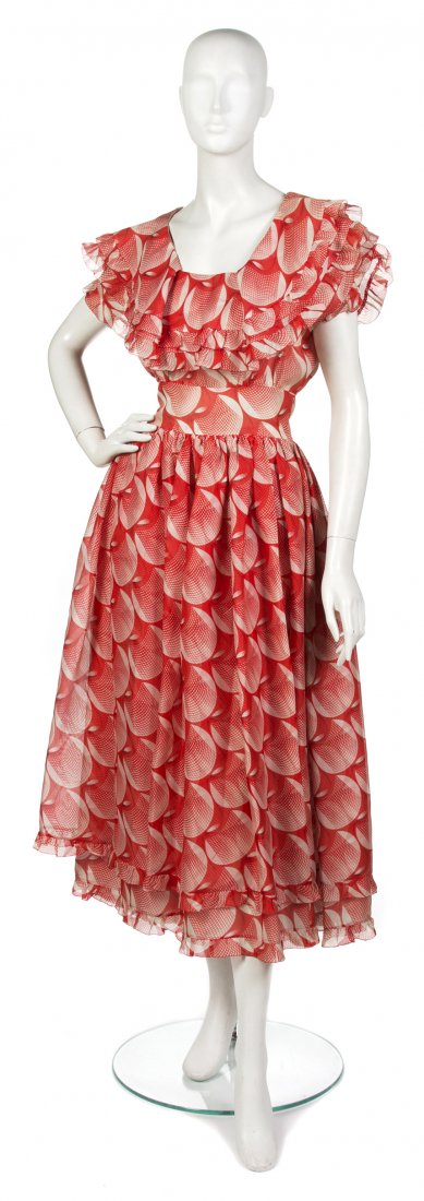 A Chloe Red and Beige Printed Organza Dress,: A Chloe Red and Beige Printed Organza Dress, tiered ruffled neckline, full tiered skirt with ruffle at hem and elongated keyhole back. Labeled: Chloe. Property from a New York City Collection