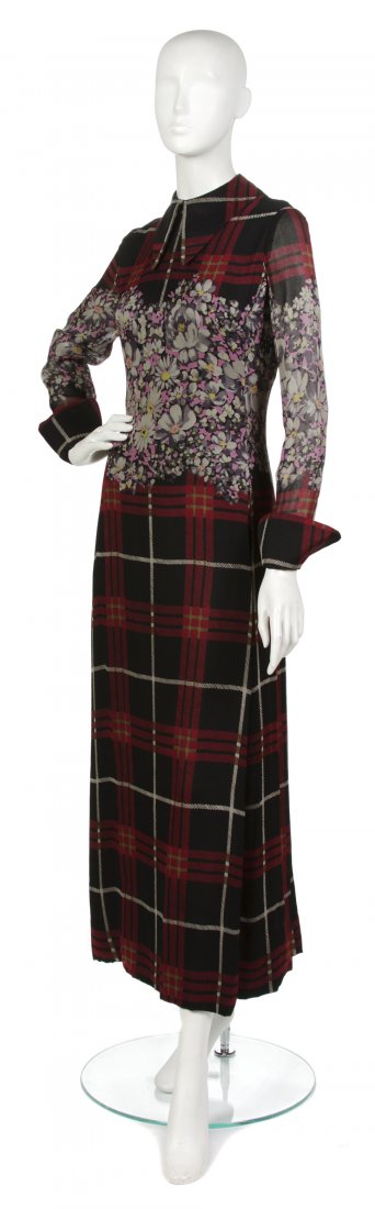 A Galanos Multicolor Plaid and Floral Chiffon Dres: A Galanos Multicolor Plaid and Floral Chiffon Dress Ensemble, with vest and full length dress. Labeled: Galanos/Evelyn Byrnes