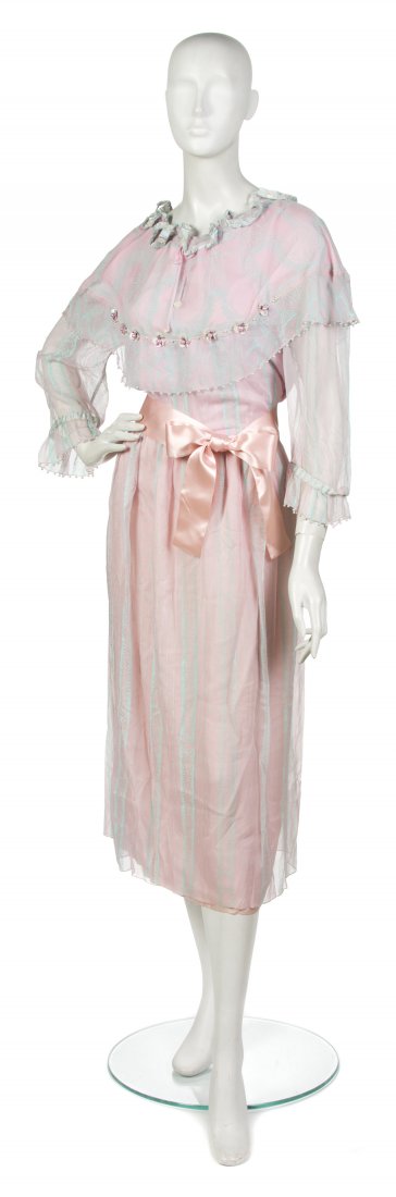 A Zandra Rhodes Pale Pink and Green Evening Gown,: A Zandra Rhodes Pale Pink and Green Evening Gown, pearl beaded and green silk ribbon trim and pink silk satin sash. Belt labeled: Zandra Rhodes.