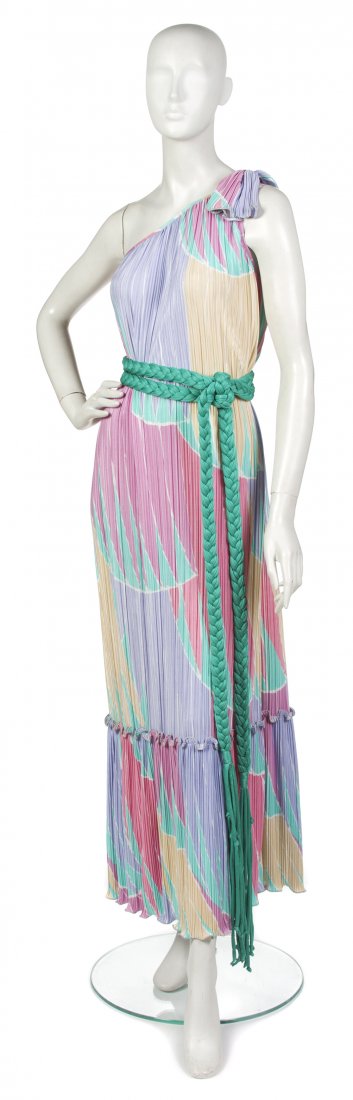 A Mary McFadden Multicolor Gown, Size P.: A Mary McFadden Multicolor Gown, Fortuny-style pleating in pastel colors with a turquoise braided belt. Labeled: Mary McFadden Collection I. Size P. Property from the Collection of Nikki Vandenberg