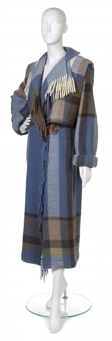 A Multicolor Plaid Wool Coat,: A Multicolor Plaid Wool Coat, probably Jean-Charles de Castelbajac, fringe trim, leather tab and button closure at waist. Unlabeled. Property from a Private Collection, Winnetka, Illinois