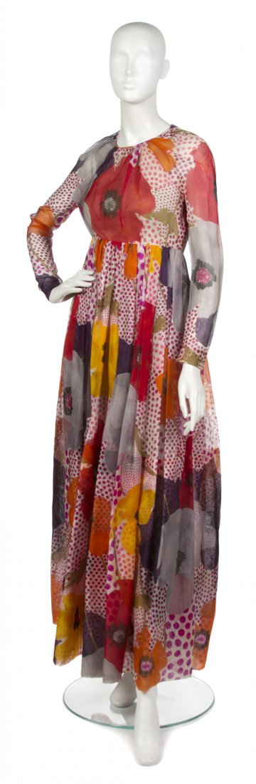 A Geoffrey Beene Multicolor Printed Evening Gown,: A Geoffrey Beene Multicolor Printed Evening Gown, in a polka dot and poppy motif, open back, full skirt. Labeled: Geoffrey Beene. Property from a New York City Collection