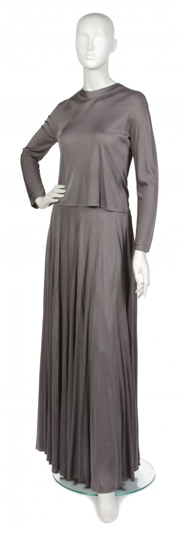 A Geoffrey Beene Gray Jersey Evening Ensemble,: A Geoffrey Beene Gray Jersey Evening Ensemble, tee shirt style top and full length skirt. Labeled: Geoffrey Beene / Stanley Korshak Chicago.