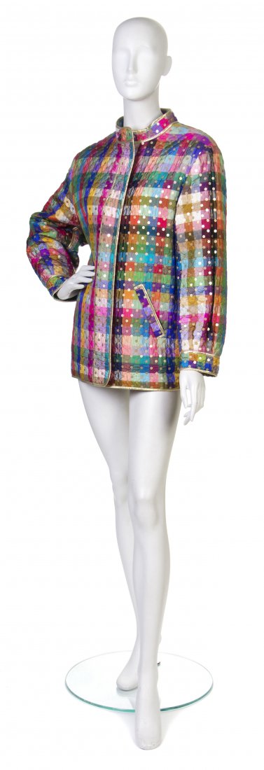 A Geoffrey Beene Multicolor Plaid Silk Jacket,: A Geoffrey Beene Multicolor Plaid Silk Jacket, allover gold sequins. Labeled: Geoffrey Beene.
