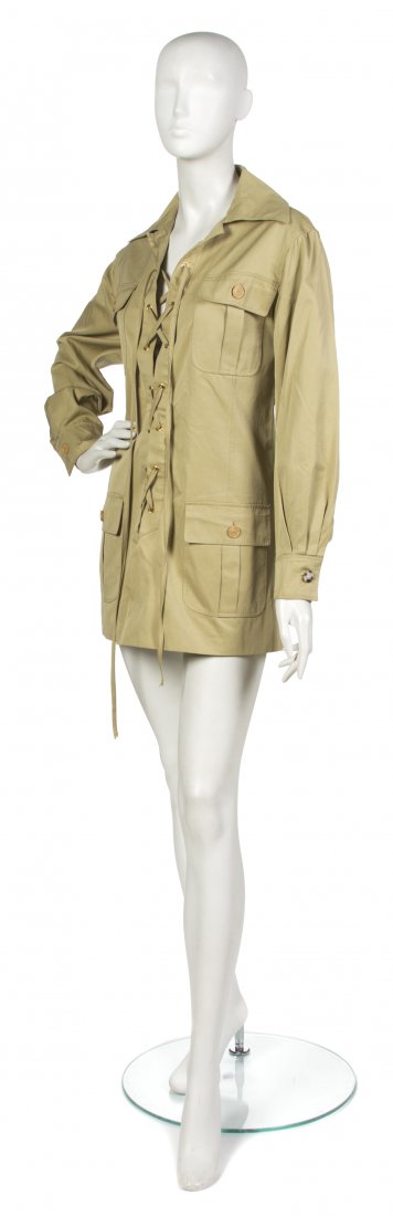 An Yves Saint Laurent Khaki Cotton Safari Tunic To: An Yves Saint Laurent Khaki Cotton Safari Tunic Top, lace up front. Labeled: Saint Laurent.