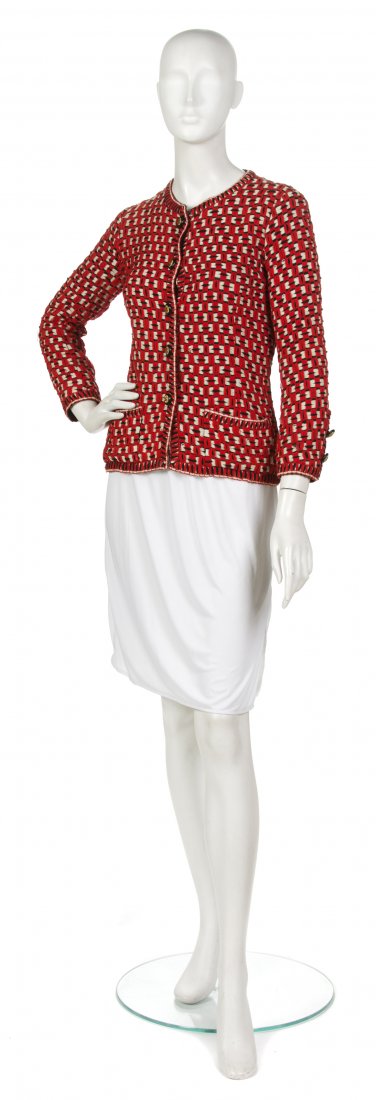 A Chanel Couture Red and Black Wool Jacket,: A Chanel Couture Red and Black Wool Jacket, in a woven design with black and goldtone logo buttons, chainweighted, black chiffon lining. Labeled: Chanel/52354 Property from the Sally Leezenbaum Collec