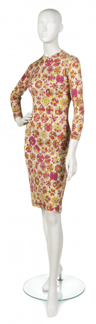 An Emilio Pucci Geometric Floral Print Jersey Dres: An Emilio Pucci Geometric Floral Print Jersey Dress. Labeled: Emilio Pucci/Sake Fifth Avenue. Size 8. Property from the Sally Leezenbaum Collection, Oldwick, New Jersey