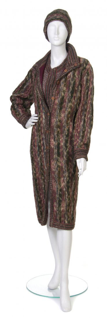 A Missoni Reversible Knit Coat, Size M.: A Missoni Reversible Knit Coat, one side being multicolor knit and other side in aubergine vinyl, together with matching vest and hat. Labeled: Missoni. Size M. Property from an Important Collector
