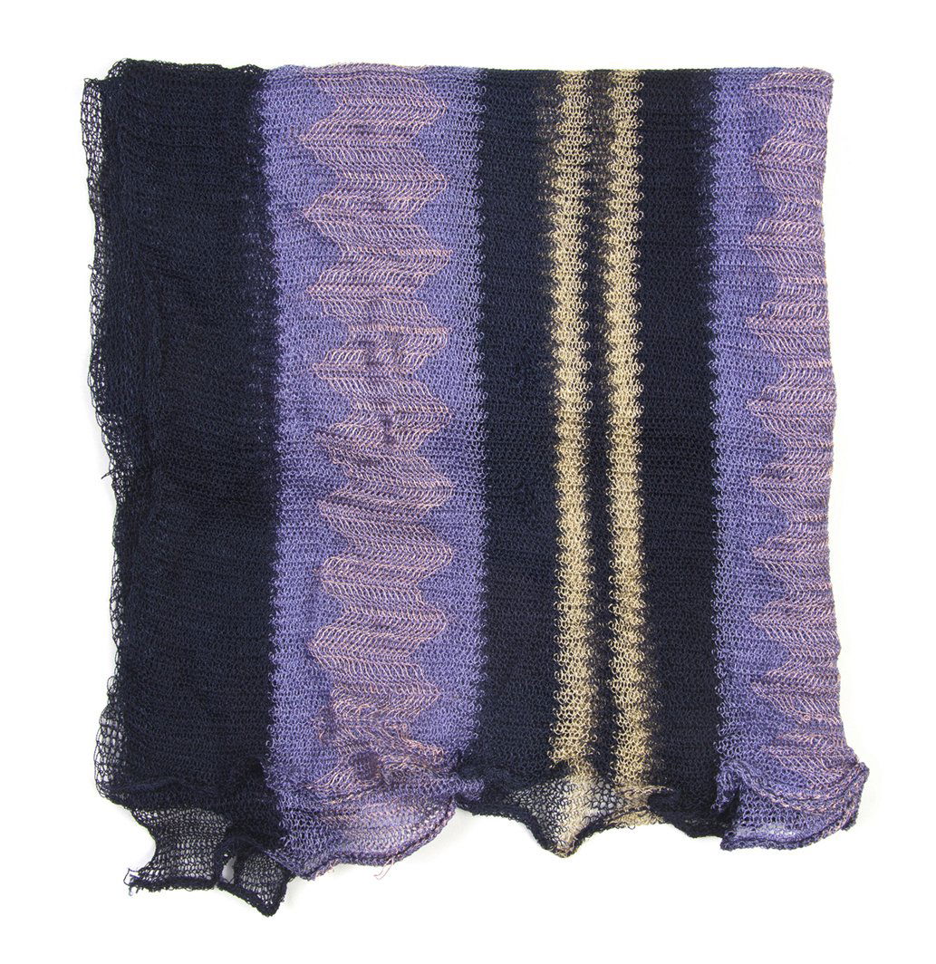 A Missoni Multicolor Knit Scarf, 63 x 19 inches.: A Missoni Multicolor Knit Scarf, with purple, navy and beige stripes. Unlabeled. 63 x 19 inches. Property of a Lady, Kennebunkport, Maine