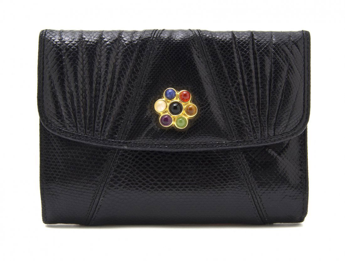 A Judith Leiber Black Lizardskin Wallet, 5 1/4 x 4: A Judith Leiber Black Lizardskin Wallet, multicolor jeweled snap closure, interior coin pocket, two bill slots, eight credit card slots and various larger slots. Stamped: Judith Leiber. 5 1/4 x 4 inch