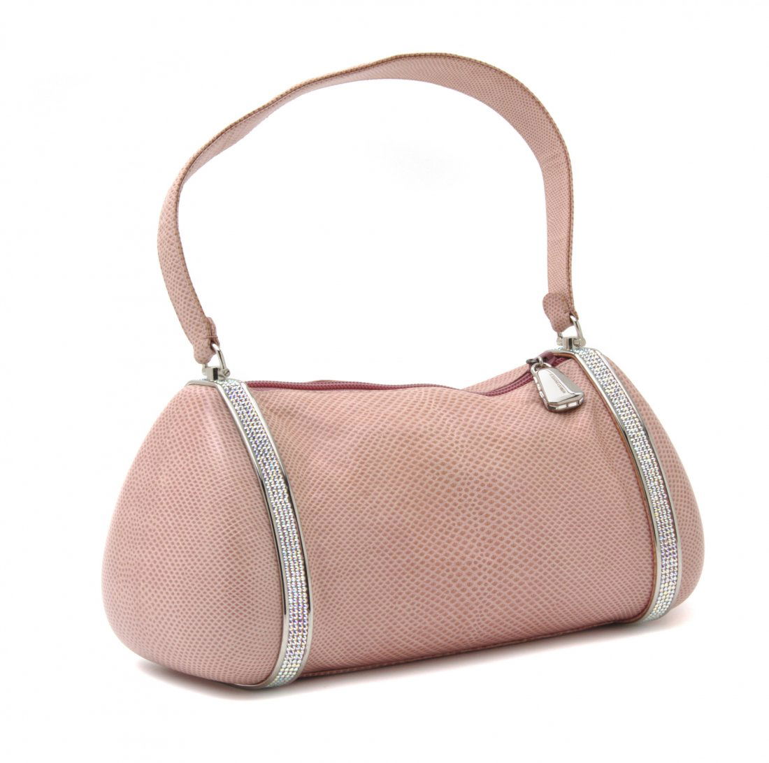 A Judith Leiber Pink Lizardskin Bag, 10 x 5 x 5 in: A Judith Leiber Pink Lizardskin Bag, iridescent rhinestone stripes on each end, zipper top closure, lizardskin top handle and pink satin lining. Stamped: Judith Leiber. 10 x 5 x 5 inches.