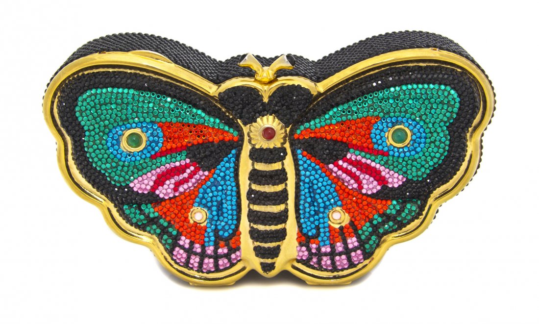 A Judith Leiber Multicolor Crystal Butterfly Minau: A Judith Leiber Multicolor Crystal Butterfly Minaudiere, green and pink cabochons on each wing with all accessories. Stamped: Judith Leiber.