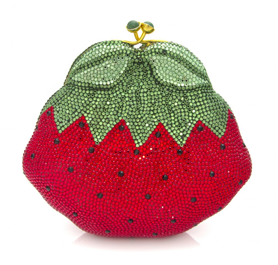 A Judith Leiber Red and Green Crystal Strawberry M: A Judith Leiber Red and Green Crystal Strawberry Minaudiere, black crystal seeds, green cabochon clasp with all accessories. Stamped: Judith Leiber.