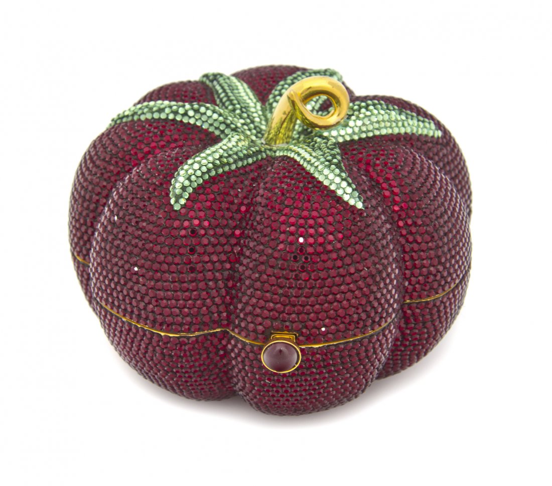 A Judith Leiber Dark REd and Green Crystal Pumpkin: A Judith Leiber Dark REd and Green Crystal Pumpkin Minaudiere, green crystal foliage, dark red crystal body, and goldtone stem with all accessories. Stamped: Judith Leiber.