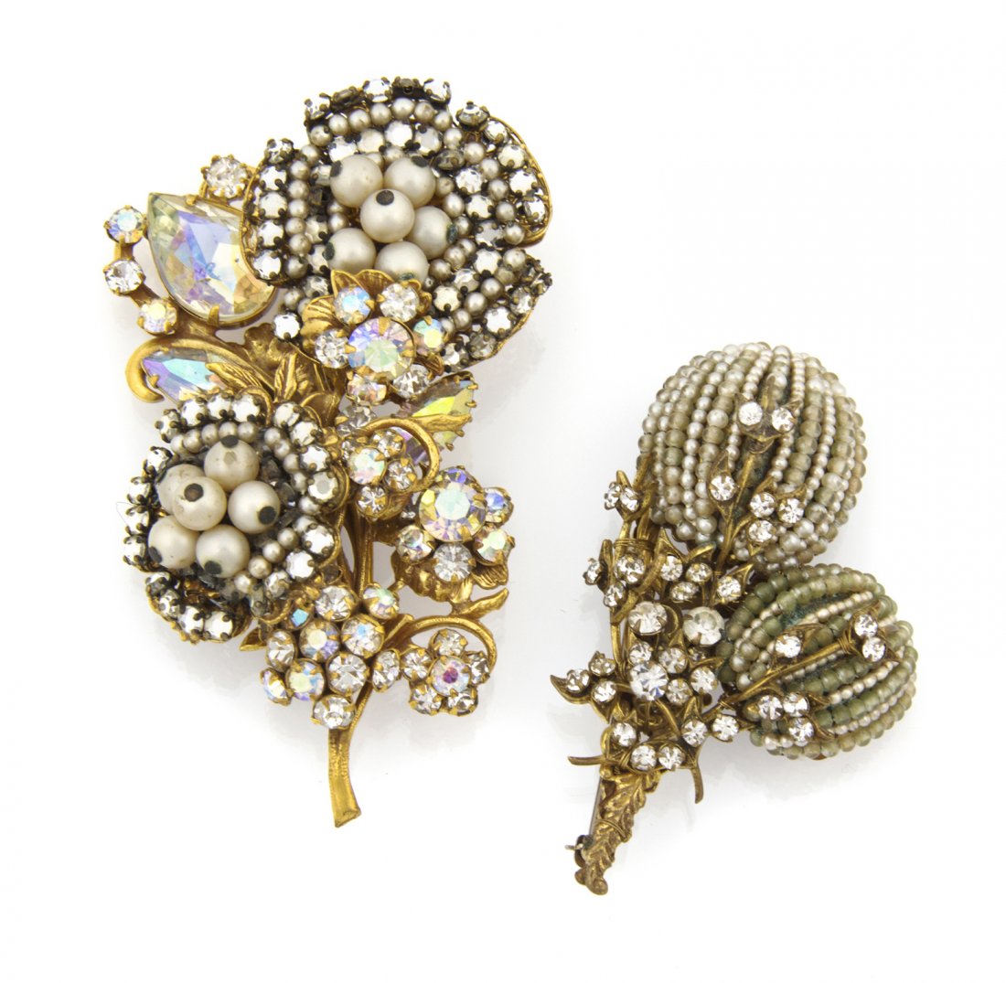 A Miriam Haskell Pearl and Rhinestone Brooch,: A Miriam Haskell Pearl and Rhinestone Brooch, in a flower bouquet design. Stamped: Miriam Haskell. Together with a pearl and rhinestone brooch in a flower cluster design. Stamped: Original by Robert.