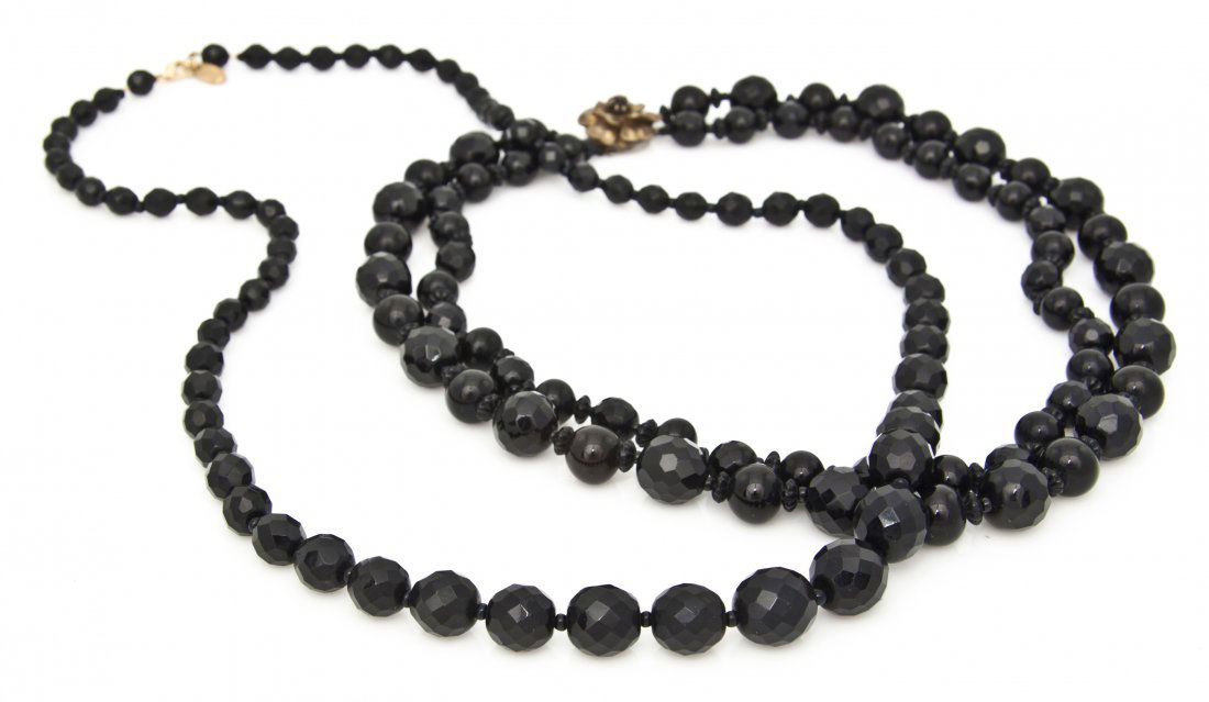 Two Miriam Haskell Black Faceted Bead Necklaces.: Two Miriam Haskell Black Faceted Bead Necklaces. All stamped: Miriam Haskell.