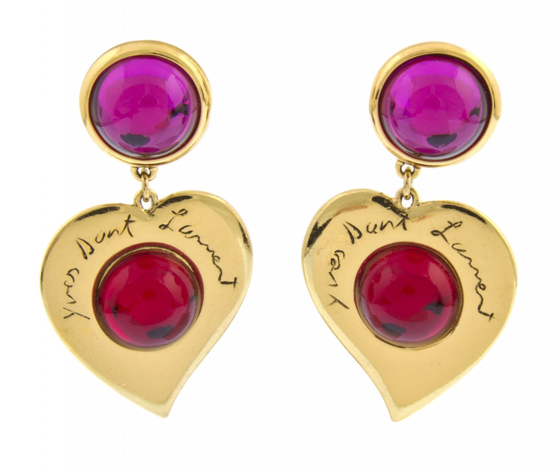 A Pair of Yves Saint Laurent Heart Earclips,: A Pair of Yves Saint Laurent Heart Earclips, pink and red cabochons and 'Yves Saint Laurent' engraved on the pendant. Property of a Lady, Kennebunkport, Maine