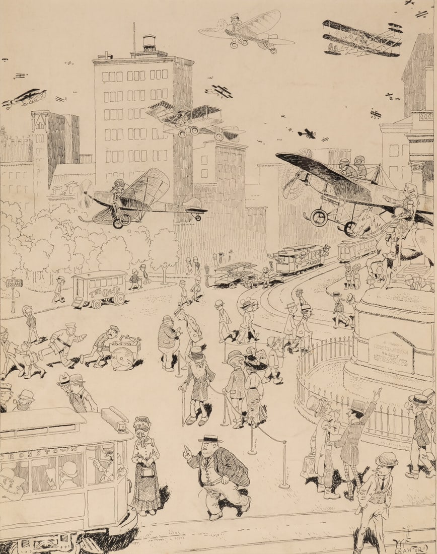 CRAWFORD, Will. "Airships Are Getting So Dreadfully Commonplace." 1911. SIGNED BY CRAWFORD. (1 of 1)