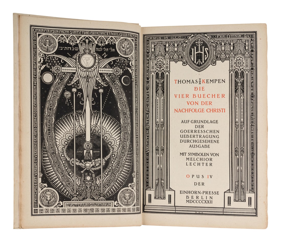 [UNICORN PRESS]. VON KEMPEN, Thomas. Die Vier Bucher von der Nachfolge Christi. Melchior Lechter,: [UNICORN PRESS]. VON KEMPEN, Thomas (1380-1471). Die Vier Bucher von der Nachfolge Christi. Melchior Lechter (1865-1937), illustrator. Berlin: Unicorn Press, 1922. Folio. 6 full page title illustratio