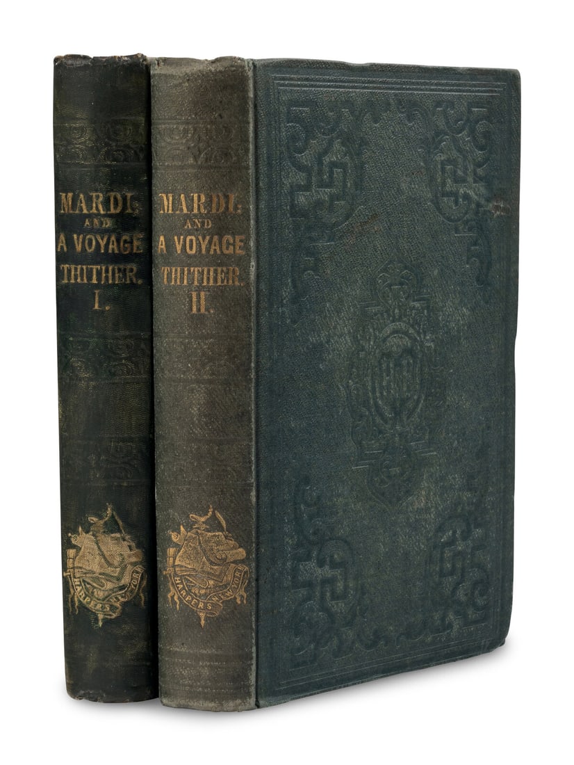 MELVILLE, Herman (1819-1891). Mardi: and a Voyage Thither. New York: Harper & Brothers, 1849.: MELVILLE, Herman (1819-1891). Mardi: and a Voyage Thither. New York: Harper & Brothers, 1849. 2 volumes, 8vo. (Spotting in vol. I, p. 365 supplied in facsimile in vol. I.) Original green blind-stamped