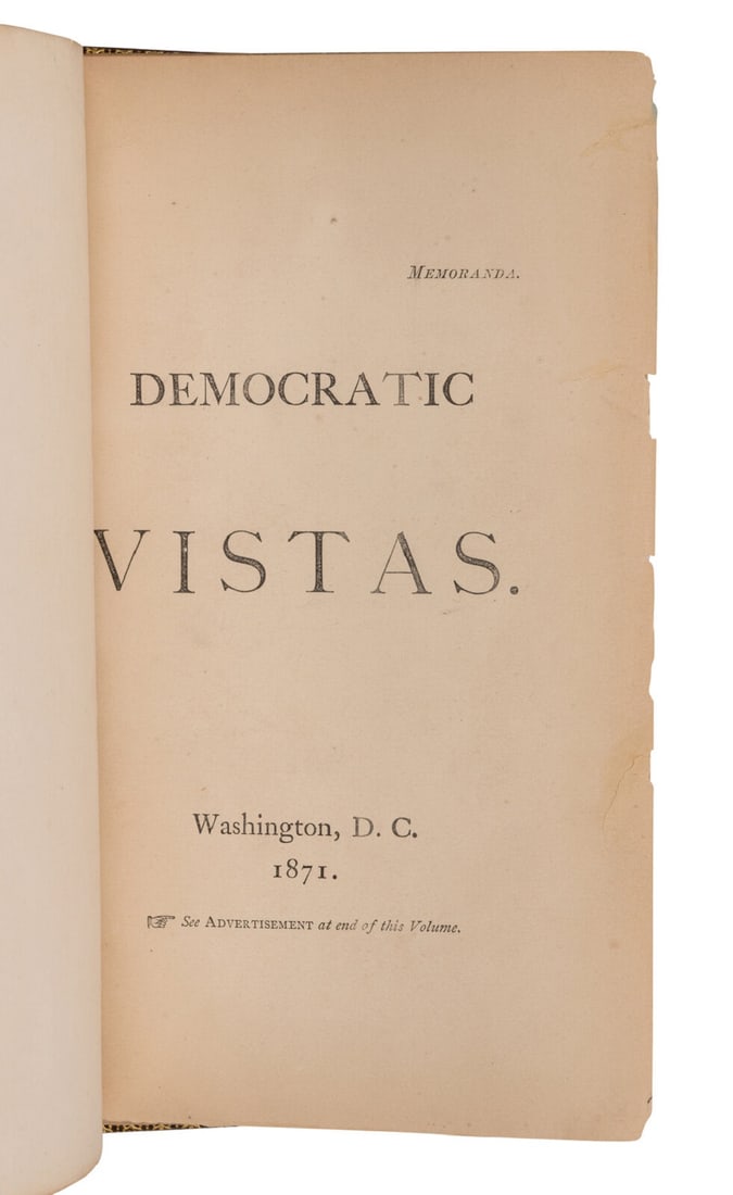 WHITMAN, Walt (1819-1882). Democratic Vistas. Washington, D.C. [but New York: printed for the author (1 of 1)