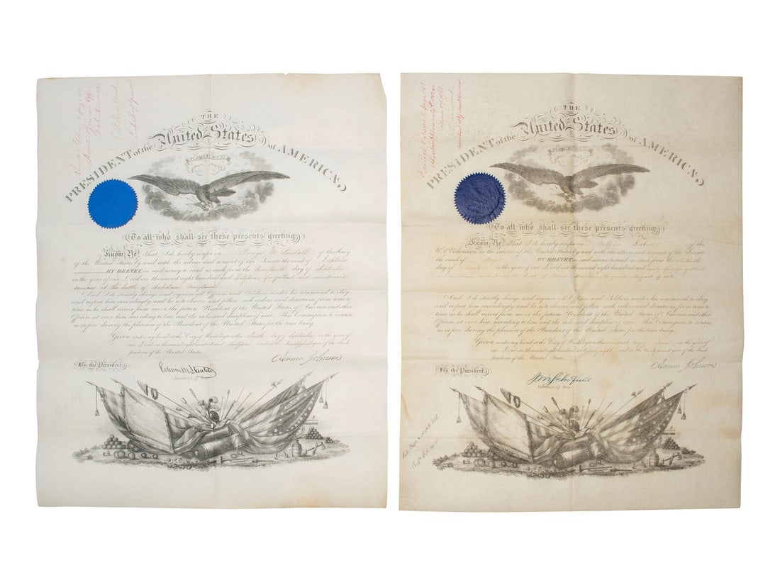 [CIVIL WAR]. JOHNSON, Andrew (1808-1875). Two military commissions stamp signed ("Andrew Johnson") (1 of 1)
