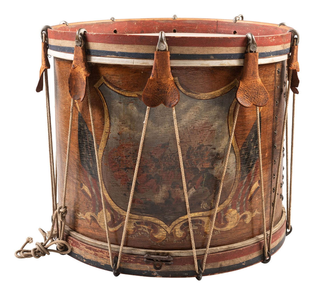 [CIVIL WAR]. Hand-painted snare drum depicting Zouaves in battle. Manufactured by C.H. Eisenbrandt, (1 of 7)