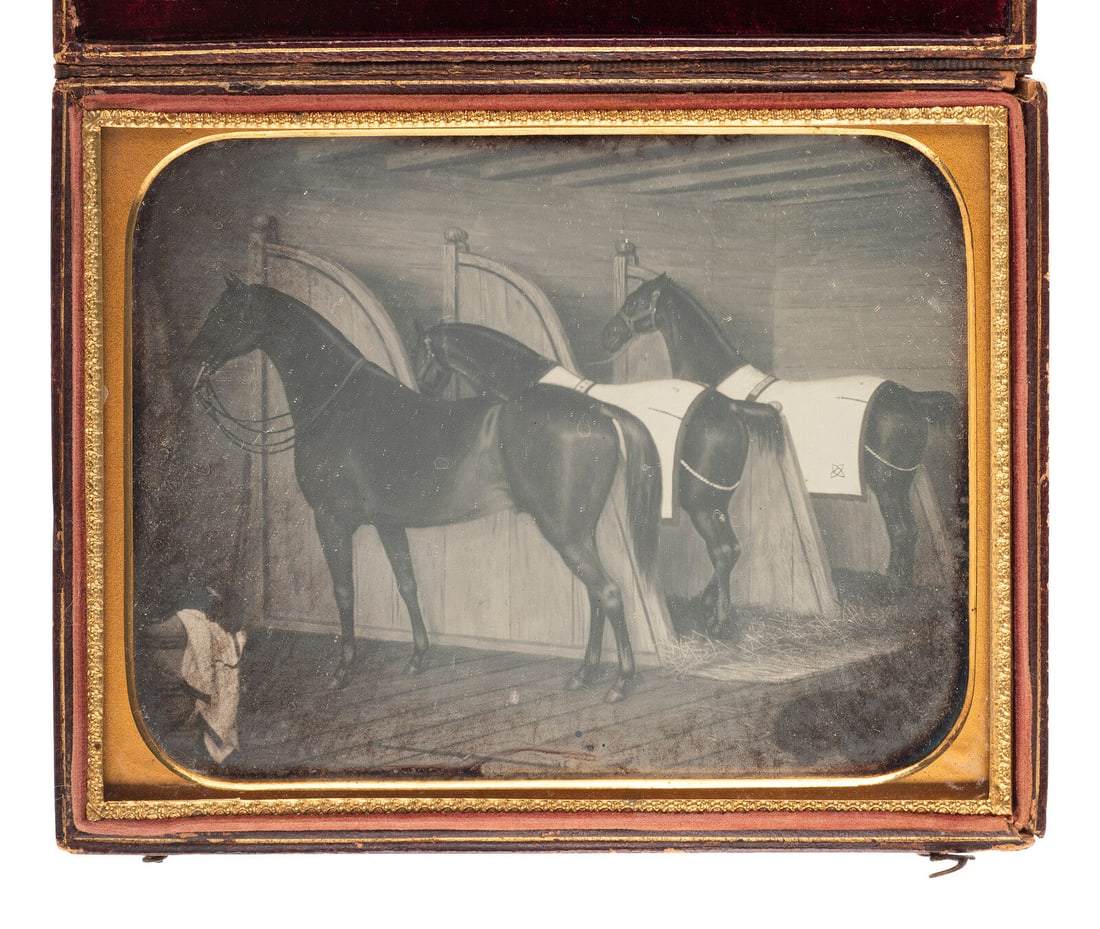 [EARLY PHOTOGRAPHY]. Half plate daguerreotype of an equestrian painting. (1 of 3)