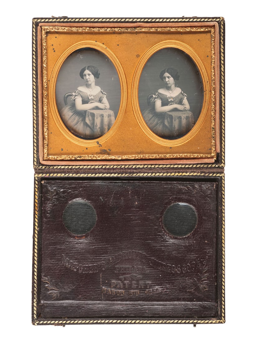 [EARLY PHOTOGRAPHY]. Stereodaguerreotype of a young woman housed in a Mascher case. From the George: [EARLY PHOTOGRAPHY]. Stereodaguerreotype of a young woman housed in a Mascher case. From the George Kirk Warren Estate, noted Lowell, MA, daguerreotypist. Ca 1853. Stereodaguerreotype comprised of two
